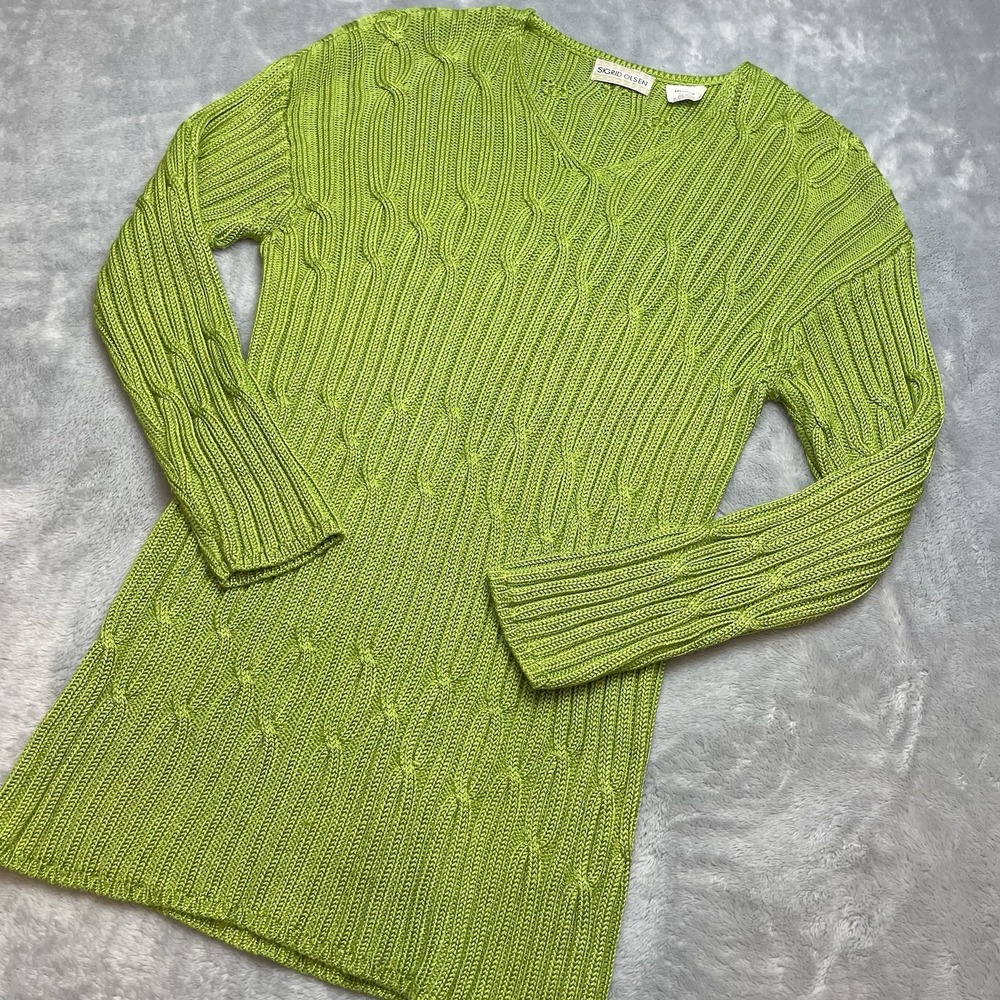 Vintage Sigrid Olsen Womens Cable Knit Sweater Sz M Chartreuse Green V Neck 90s